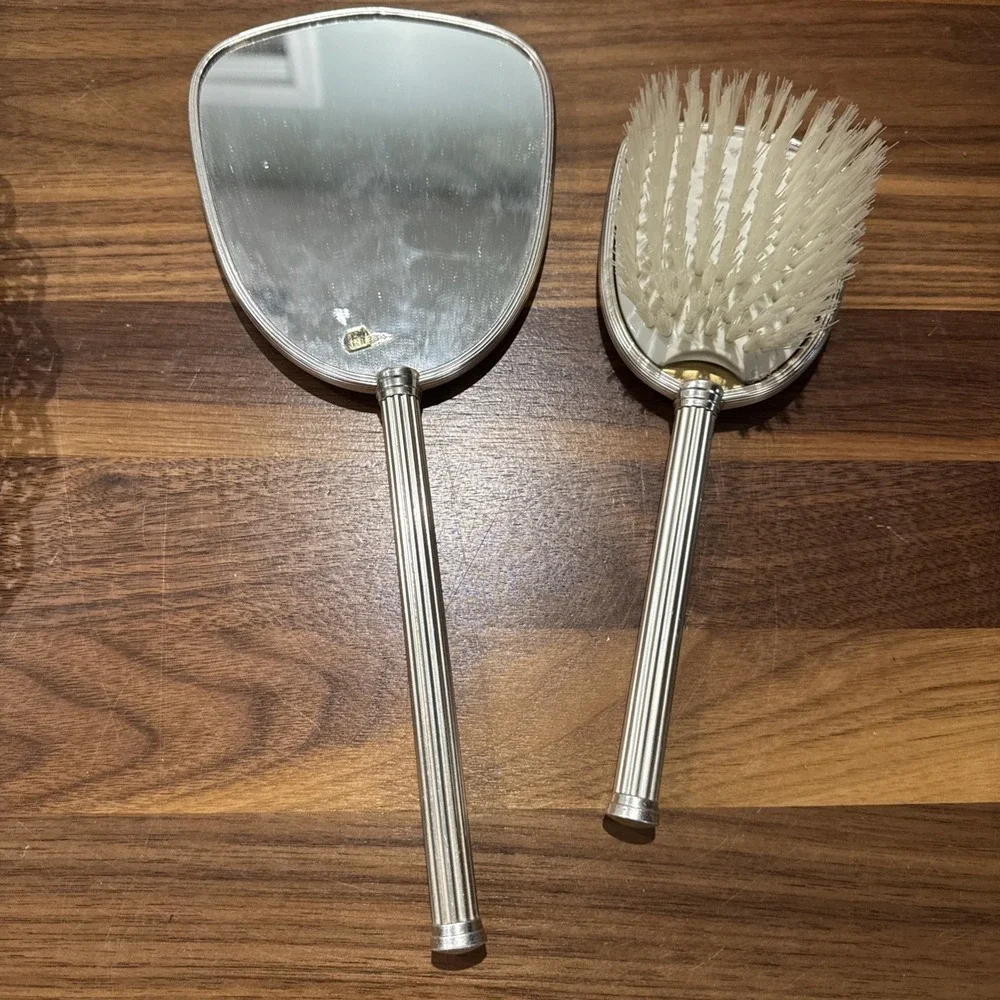 Vintage Mirror and Brush Vanity Set Silver Colored Brushed Finish